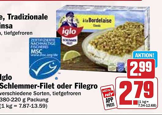 Iglo Schlemmer-Filet oder Filegro, tiefgefroren, 380-220 g Packung
