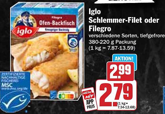 Iglo Schlemmer-Filet oder Filegro, verschiedene Sorten, tiefgefroren, 380-220 g Packung