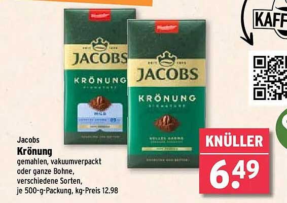 Jacobs Krönung gemahlen oder ganze Bohne, 500-g-Packung