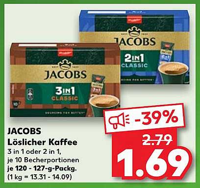 Jacobs Löslicher Kaffee 3 in 1 oder 2 in 1, je 10 Becherportionen
