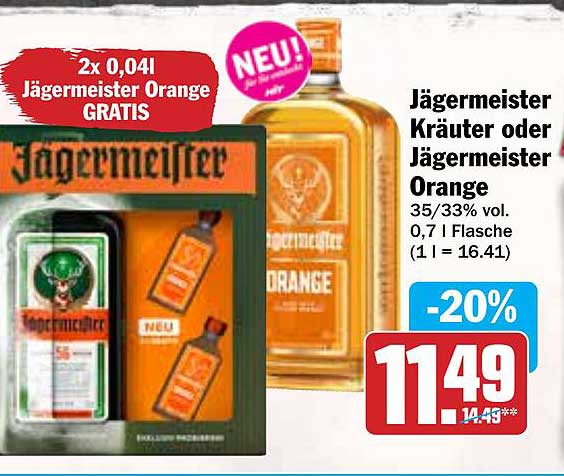 Jägermeister Kräuter oder Jägermeister Orange 0,7 l mit 2x 0,04 l GRATIS