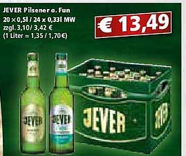 JEVER Pilsener o. Fun 20 x 0,5 l