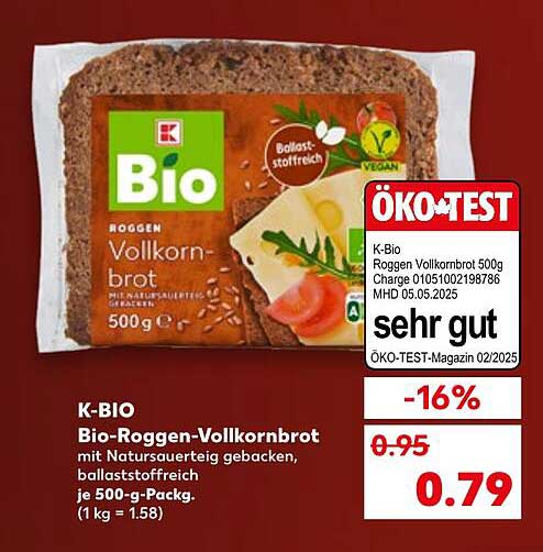 K-BIO Bio-Roggen-Vollkornbrot mit Natursauerteig 500g