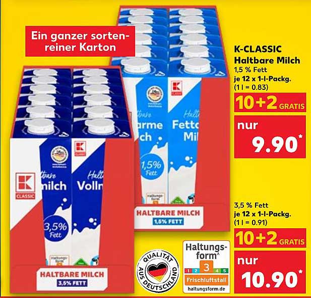 K-CLASSIC Haltbare Milch 1,5 % und 3,5 % Fett