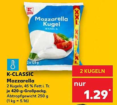 K-CLASSIC Mozzarella Kugel 2 Kugeln, 45 % Fett i. Tr.