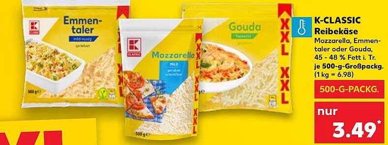 K-CLASSIC Reibekäse - Mozzarella, Emmentaler oder Gouda 500 g