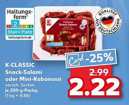 K-CLASSIC Snack-Salami oder Mini-Kabanossi - 250g Packung