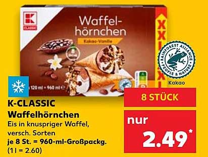 K-CLASSIC Waffelhörnchen - Eis in knuspriger Waffel, versch. Sorten