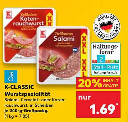K-CLASSIC Wurstspezialität – Salami, Cervelat- oder Katenrauchwurst in Scheiben je 240-g-Großpackung