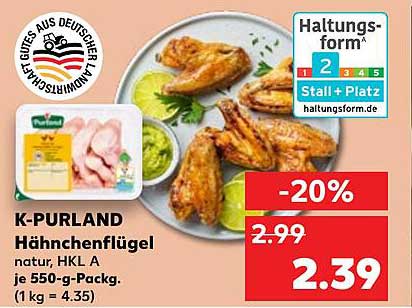 K-Purland Hähnchenflügel natur, HKL A je 550-g-Pack.