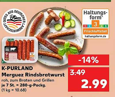 K-PURLAND Merguez Rindsbratwurst roh, zum Braten und Grillen