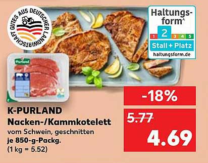K-PURLAND Nacken-/Kammkotelett vom Schwein, geschnitten je 850-g-Pack.
