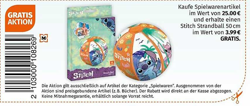 Kaufe Spielwarenartikel im Wert von 25,00 € und erhalte einen Stitch Strandball 50 cm im Wert von 3,99 € GRATIS.