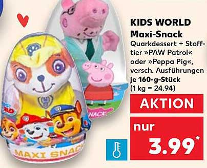 KIDS WORLD Maxi-Snack Quarkdessert mit Stofftier »PAW Patrol« oder »Peppa Pig«