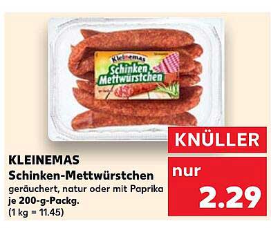 KLEINEMAS Schinken-Mettwürstchen geräuchert, natur oder mit Paprika je 200-g-Pack.