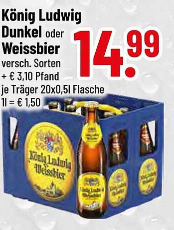 König Ludwig Dunkel oder Weissbier 20 x 0,5l für 14,99 €