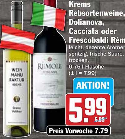 Krems Rebsortenweine, Dolianova, Cacciata oder Frescobaldi Rémy - 0,75 l Flasche