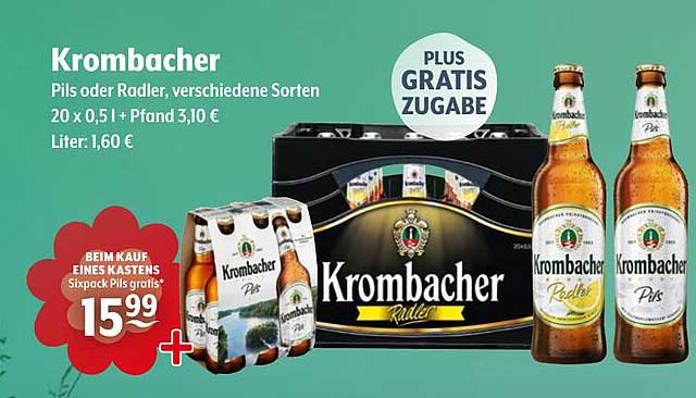 Krombacher Pils oder Radler, verschiedene Sorten 20 x 0,5 l + Pfand 3,10 €