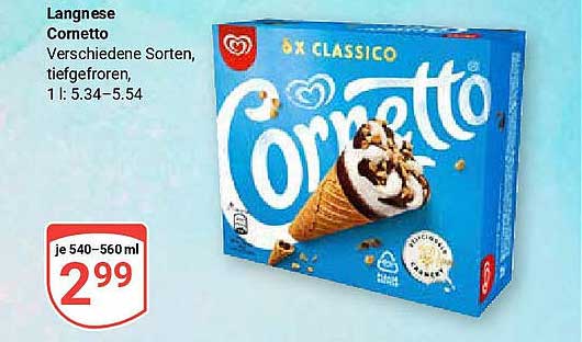 Langnese Cornetto 6 x Classico, verschiedene Sorten, tiefgefroren