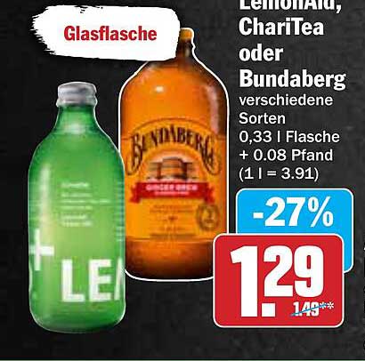 LemonAid, ChariTea oder Bundaberg - verschiedene Sorten in der Glasflasche