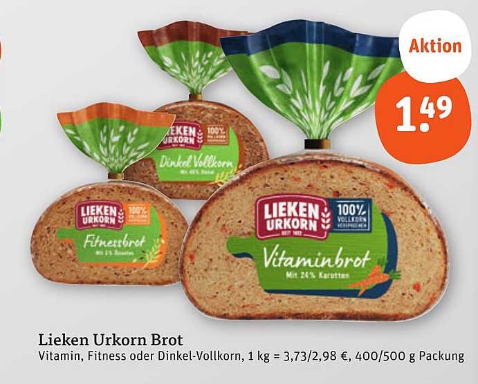 Lieken Urkorn Brot - Vitamin, Fitness oder Dinkel-Vollkorn für nur 1,49 €