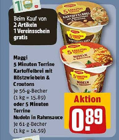 Maggi 5 Minuten Terrine Kartoffelbrei mit Röstzwiebeln & Croutons oder Nudeln in Rahmsauce