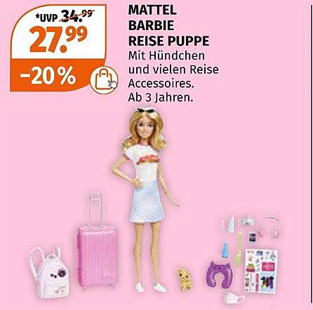 MATTEL BARBIE REISE PUPPE mit Hündchen und vielen Reise Accessoires