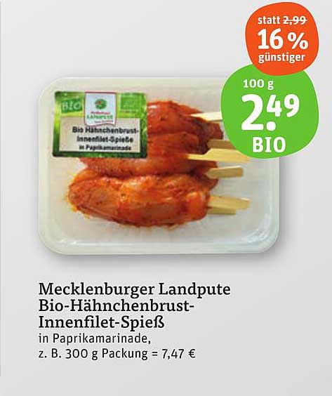 Mecklenburger Landpute Bio-Hähnchenbrust-Innenfilet-Spieß in Paprikamarinade