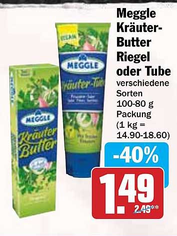 Meggle Kräuter-Butter Riegel oder Tube verschiedene Sorten 100-80 g