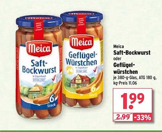Meica Saft-Bockwurst oder Geflügelwürstchen, je 380-g-Glas, ATG 180 g, kg-Preis 11.06