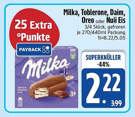 Milka, Toblerone, Daim, Oreo oder NuuI Eis - 3/4 Stück, gefroren, je 270/440 ml