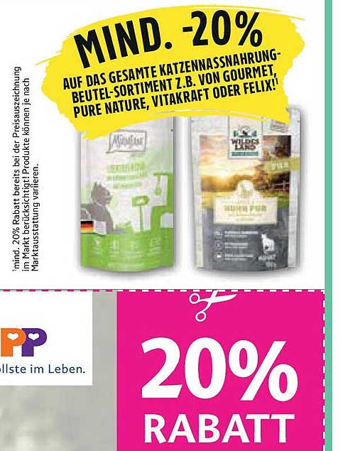 Mindestens -20% auf das gesamte Katzennassnahrungs-Beutelsortiment von Marken wie Gourmet, Pure Nature, Vitakraft oder Felix!