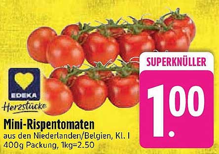 Mini-Rispentomaten aus den Niederlanden/Belgien, Kl. I - 400g Packung für nur 1,00 €