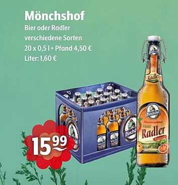 Mönchshof Bier oder Radler – verschiedene Sorten 20 x 0,5 l + Pfand 4,50 €
