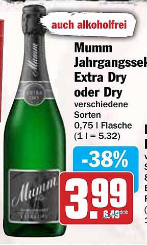 Mumm Jahrgangssekt Extra Dry oder Dry 0,75 l Flasche