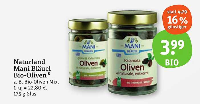 Naturland Mani Bläuel Bio-Oliven 175 g Glas