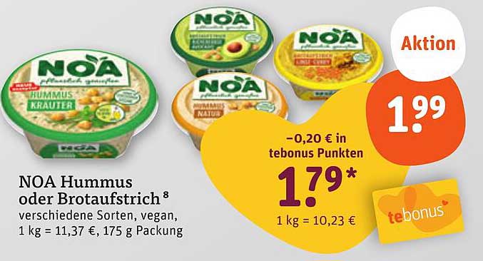 NOA Hummus oder Brotaufstrich - verschiedene Sorten, vegan