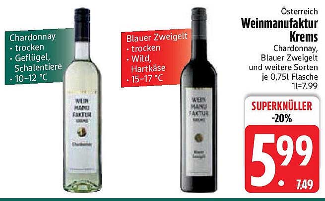 Österreich Weinmanufaktur Krems - Chardonnay und Blauer Zweigelt, 0,75 l Flasche