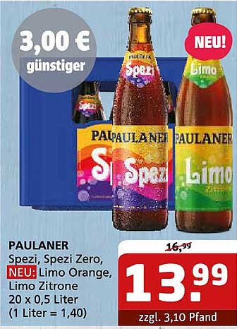 PAULANER Spezi, Spezi Zero, NEU: Limo Orange, Limo Zitrone 20 x 0,5 Liter