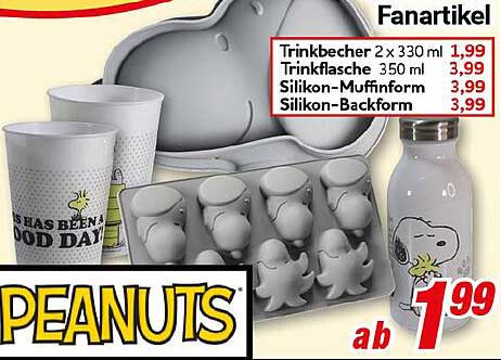 PEANUTS Fanartikel - Trinkbecher, Trinkflasche, Muffinform und Backform