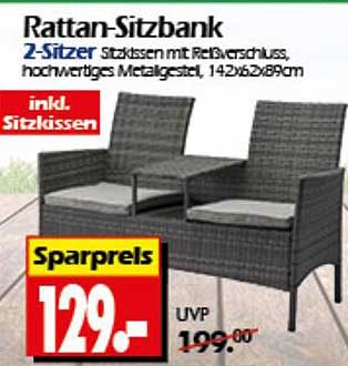 Rattan-Sitzbank 2-Sitzer mit Reißverschluss, hochwertiges Metallgestell, 142x62x89cm inklusive Sitzkissen