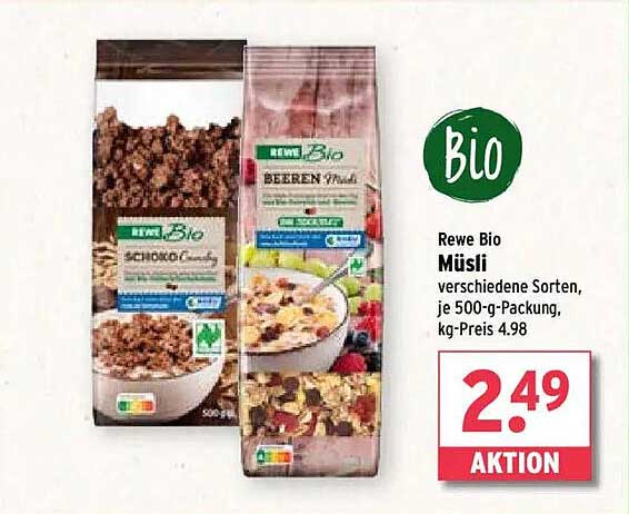 Rewe Bio Müsli verschiedene Sorten, je 500-g-Packung