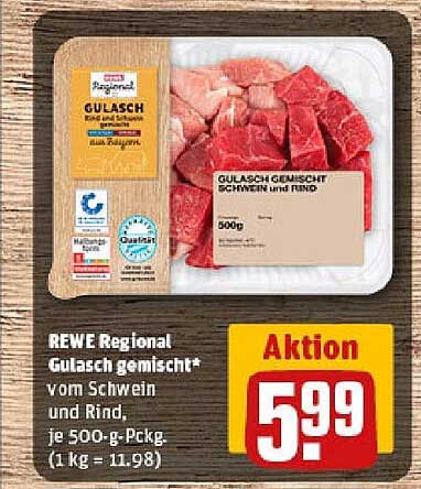 REWE Regional Gulasch gemischt* vom Schwein und Rind, je 500-g-Pckg