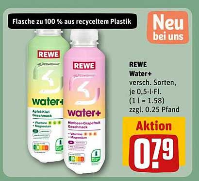 REWE Water+ Apfel-Kiwi und Himbeer-Grapefruit 0,5 l-Flasche