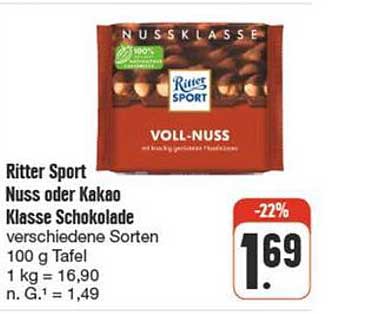 Ritter Sport Nuss oder Kakao Klasse Schokolade 100 g Tafel