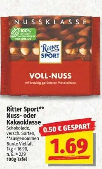 Ritter Sport** Nuss- oder Kakaoklasse Voll-Nuss 100g Tafel