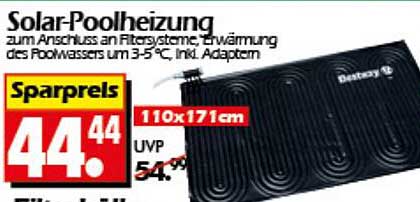 Solar-Poolheizung zum Anschluss an Filtersysteme, Erwärmung des Poolwassers um 3-5 °C, inkl. Adapter