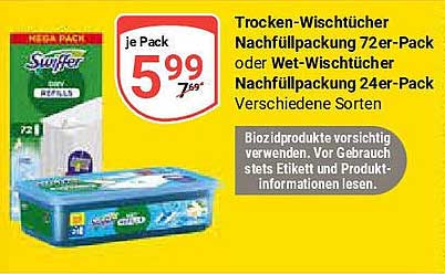 Swiffer Nachfüllpackung: Trocken-Wischtücher 72er-Pack oder Wet-Wischtücher 24er-Pack