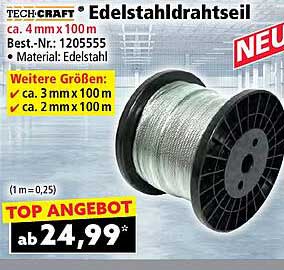 TECH-CRAFT Edelstahl-Drahtseil ca. 4 mm x 100 m