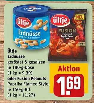 ültje Erdnüsse geröstet & gesalzen, 180-g-Dose oder Fusion Peanuts Paprika Flamed Style, 150-g-Btl.